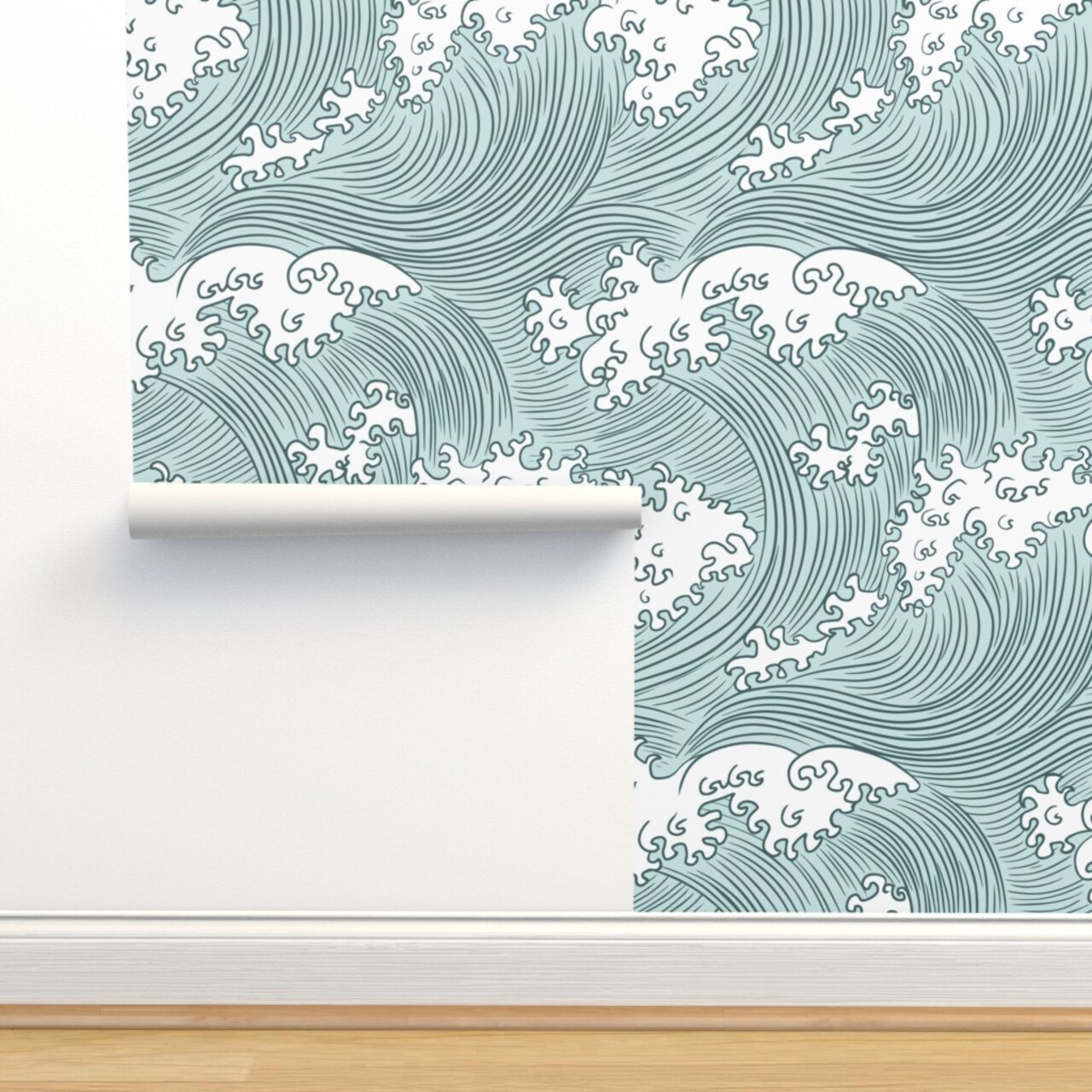 Rolling Waves Vintage Asian Chinese Japan Japanese Water Line Summer Doodle Home Decor Sea Ocean Wave Custom Pre-pasted Wallpaper by Spoonflower Pre-Pasted Wallpaper 2FT Wide